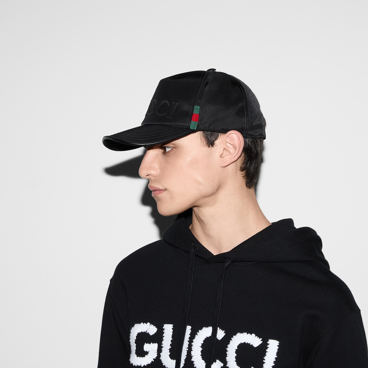 GUCCI Black Cap With Logo On The Front And Web Detail In Tech Fabric W