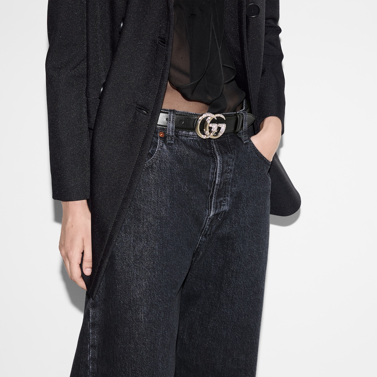 GG Marmont thin belt with beading in black leather | GUCCI® US