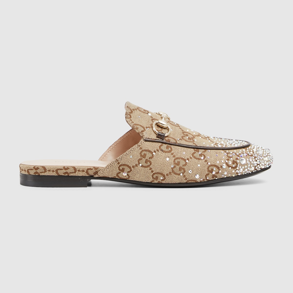 25新作 GUCCI レディース プリンスタウン スリッパ GGキャンバス Women's Princetown slipper with crystal Horsebit in beige