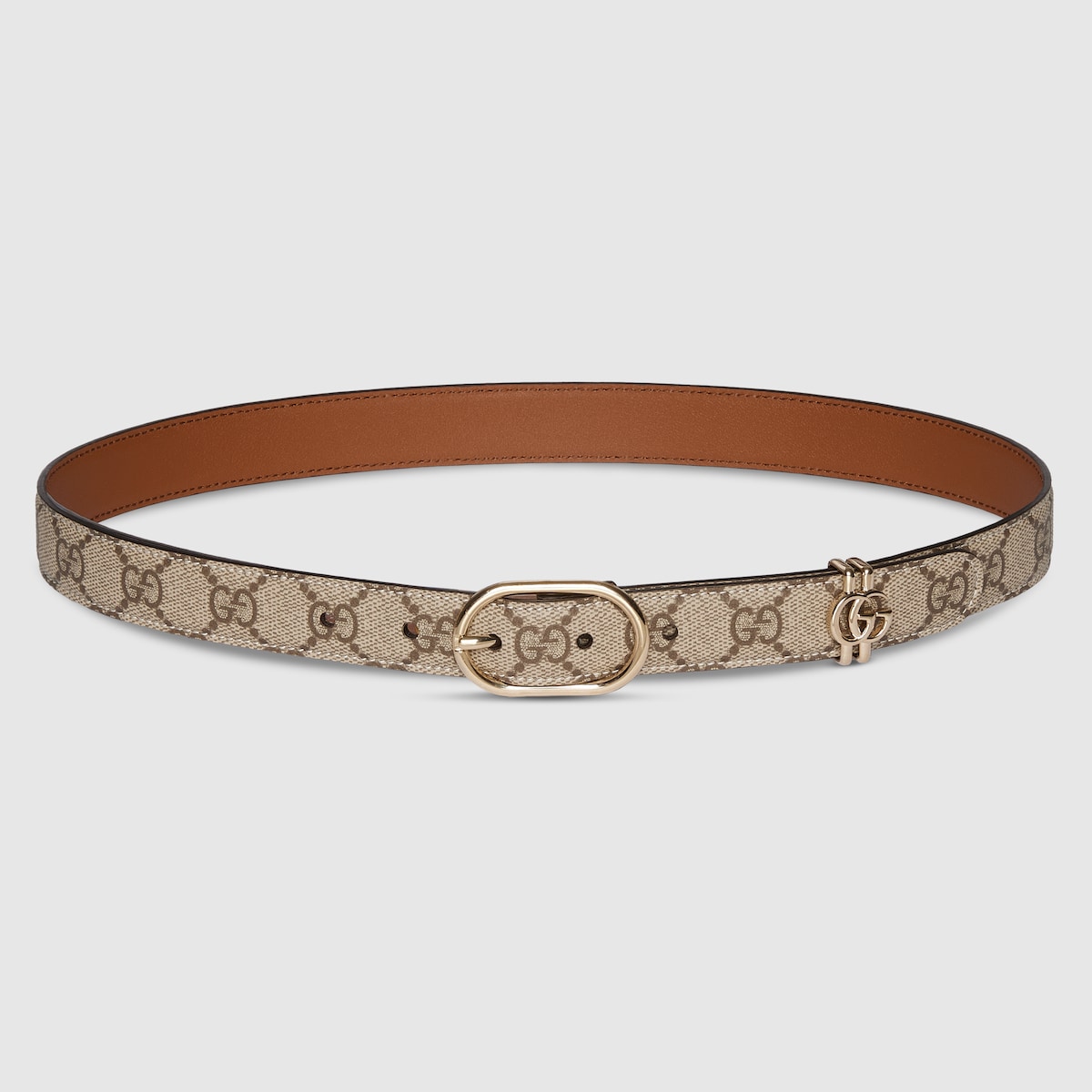 GG belt with oval buckle in beige and dark brown fabric