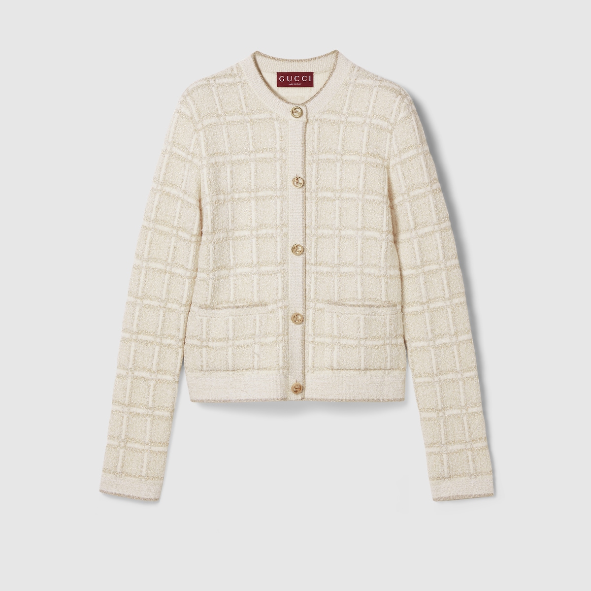 Wool and lamé check jacquard cardigan in white and gold