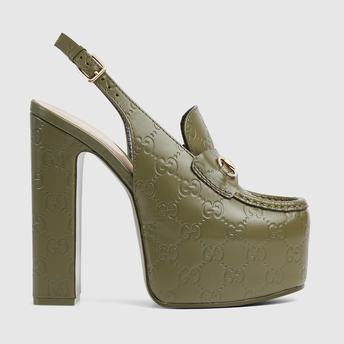 Women s Horsebit platform loafer slingback in green GG leather GUCCI AE