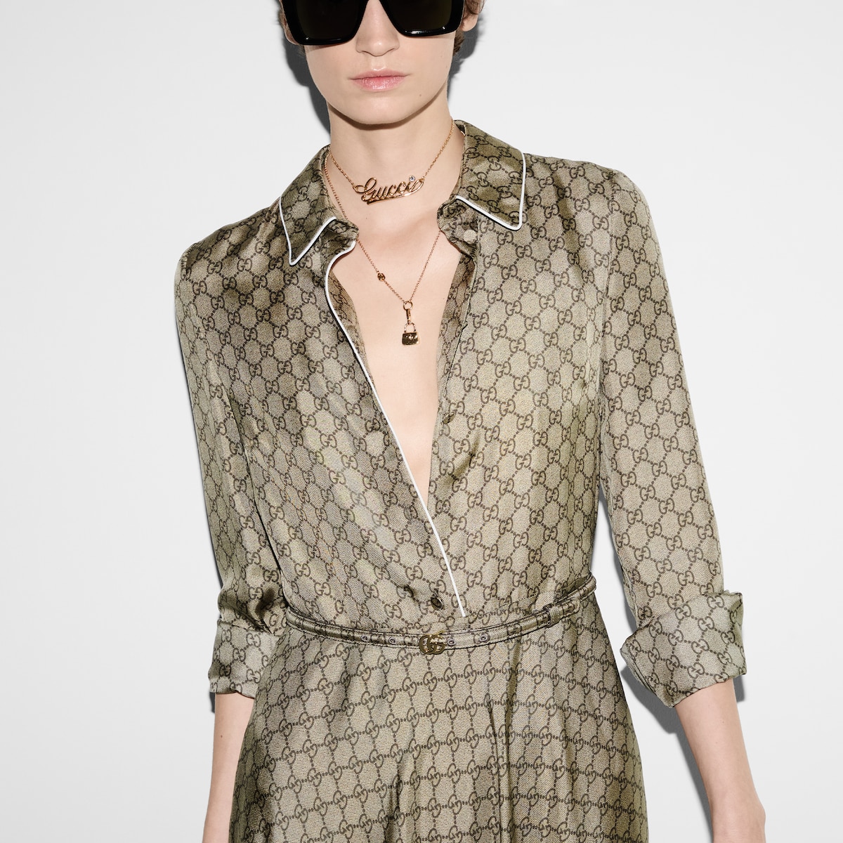 GG silk twill dress in camel | GUCCI® US