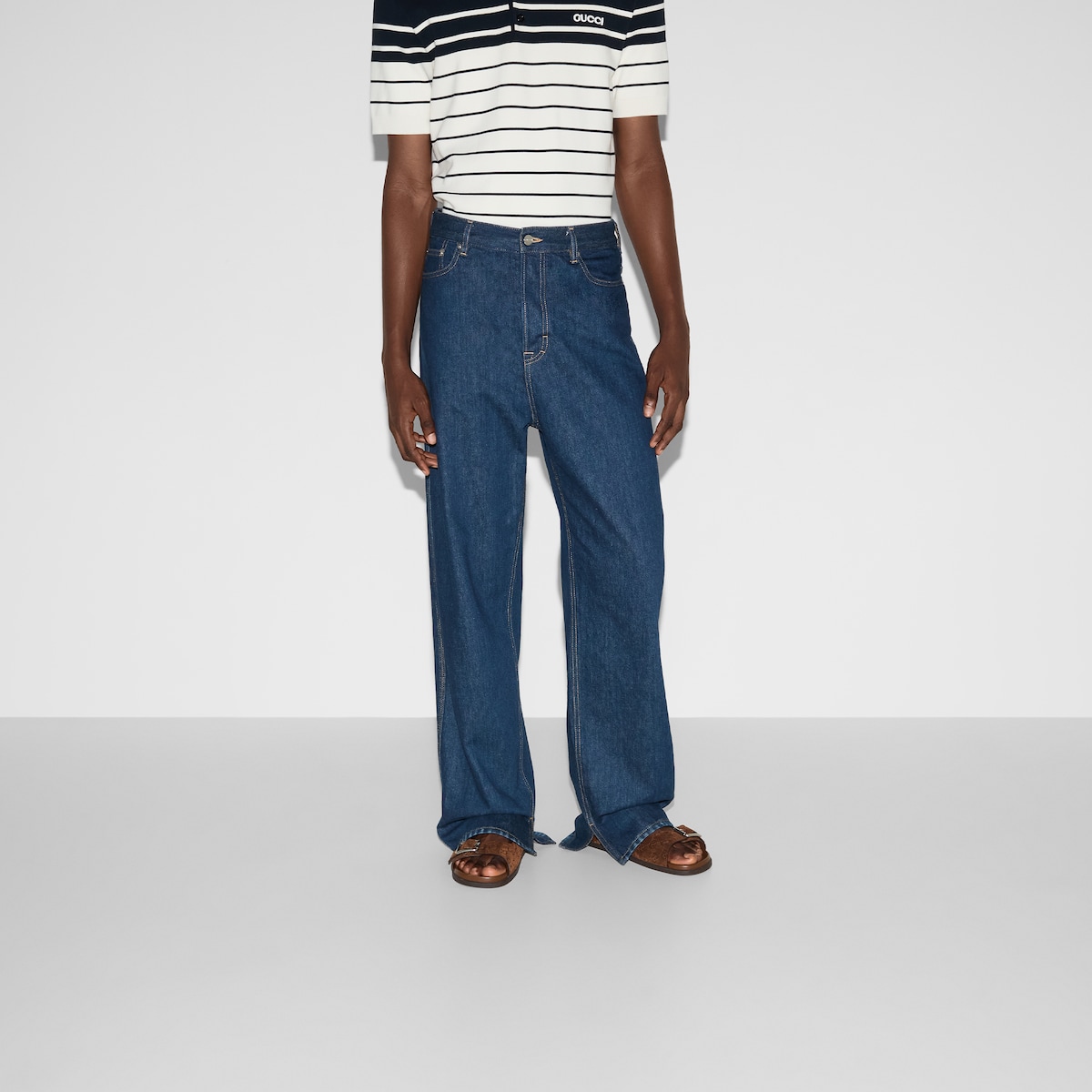 Denim trousers with embroidery in dark blue | GUCCI® SI