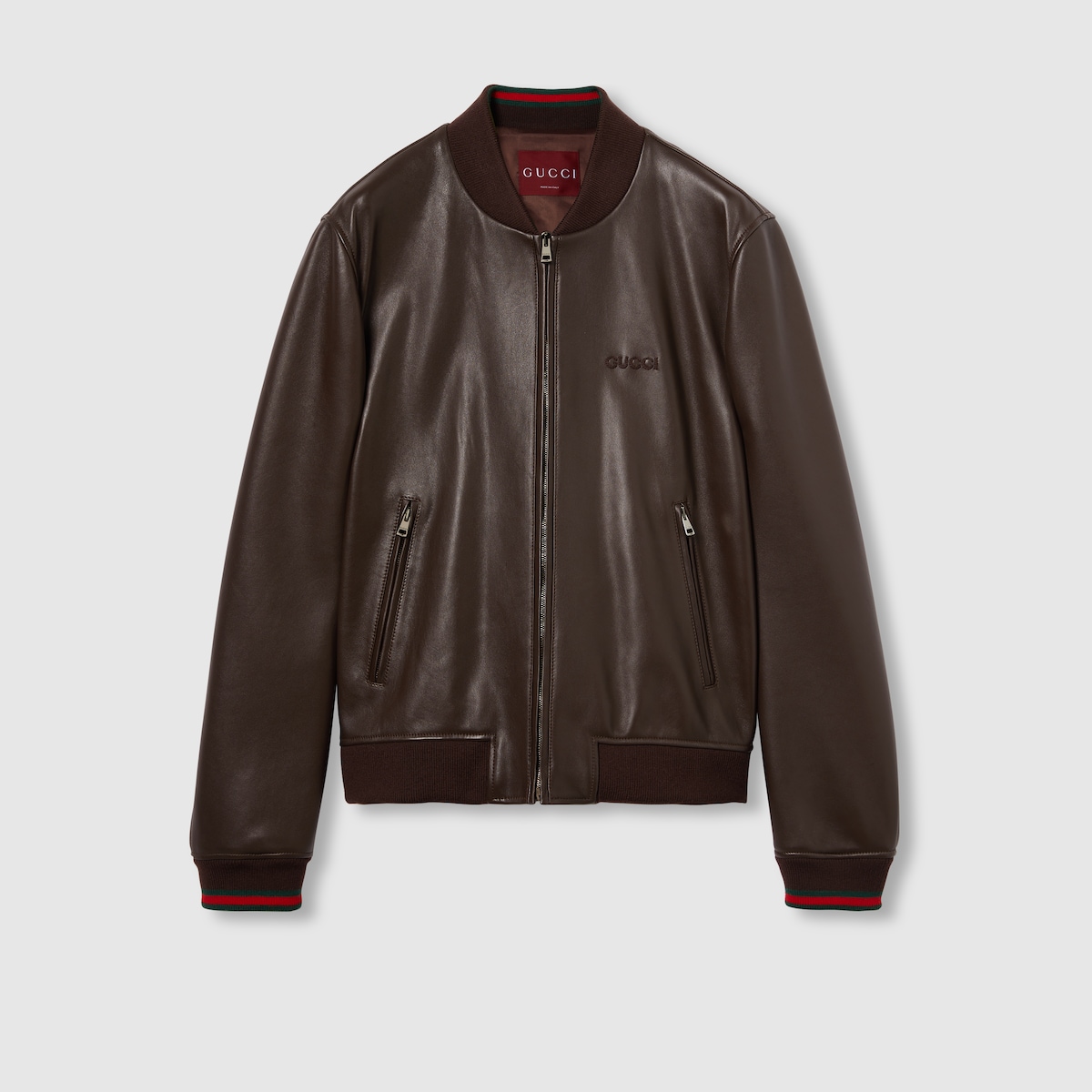 Leather bomber jacket with embroidery in brown | GUCCI® US