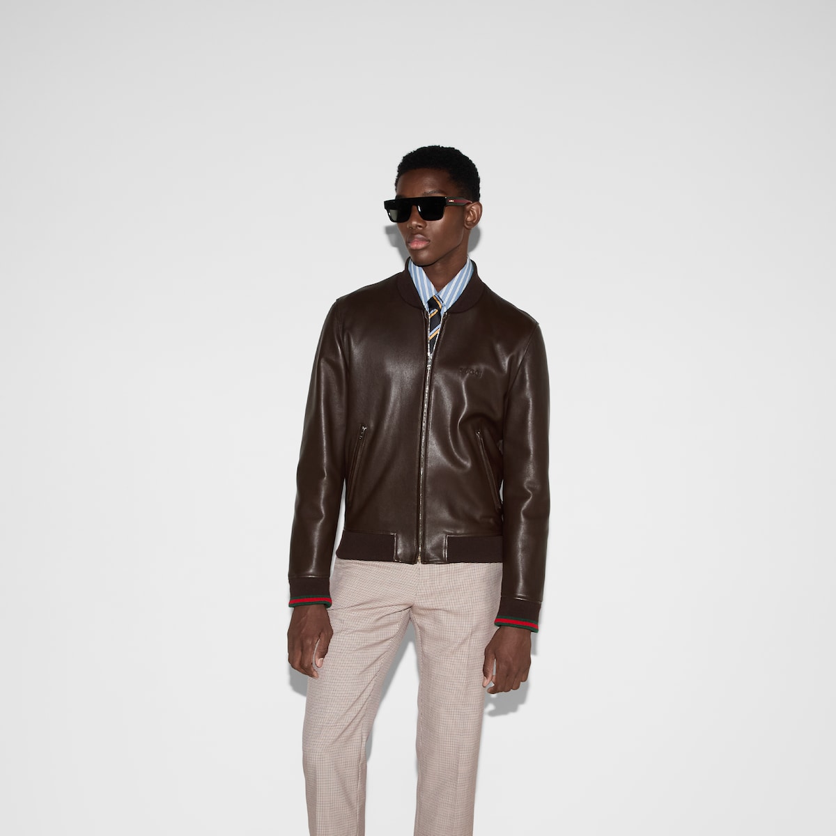 L*e様 GUCCI ダークブラウン ボンバージャケット エンブロイダリー付き レザー ボンバージャケット ・ブラウン