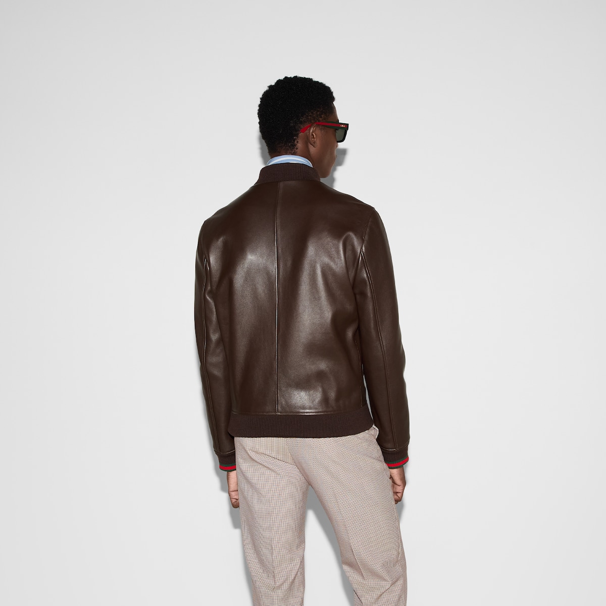 エンブロイダリー付き レザー ボンバージャケット ・ブラウン