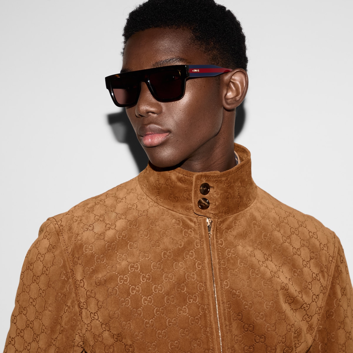 Embossed GG suede bomber jacket in camel | GUCCI® US