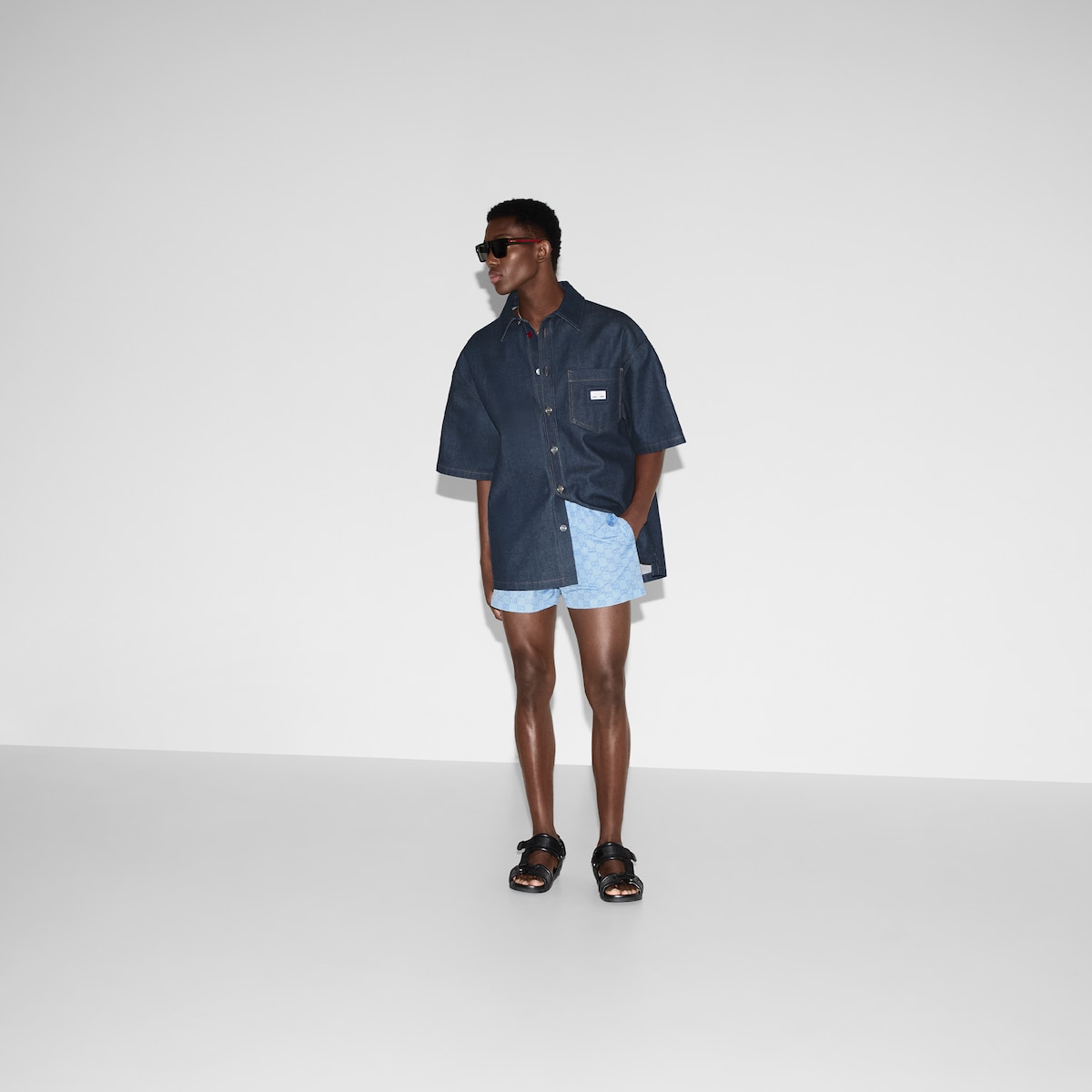 プリント テクニカルポプリン スイムショートパンツ ・ライトブルー