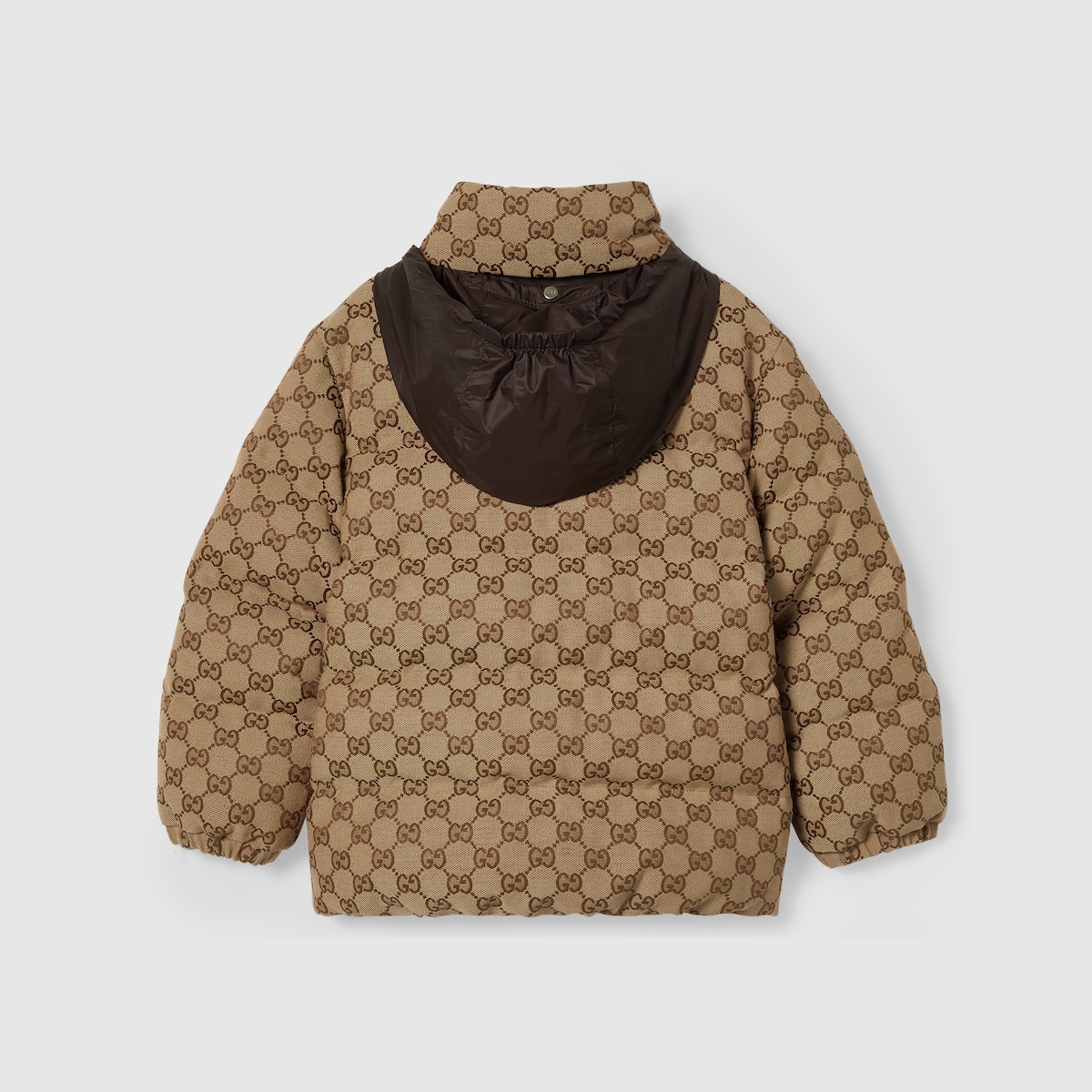 Children's GG canvas padded jacket in camel and dark brown