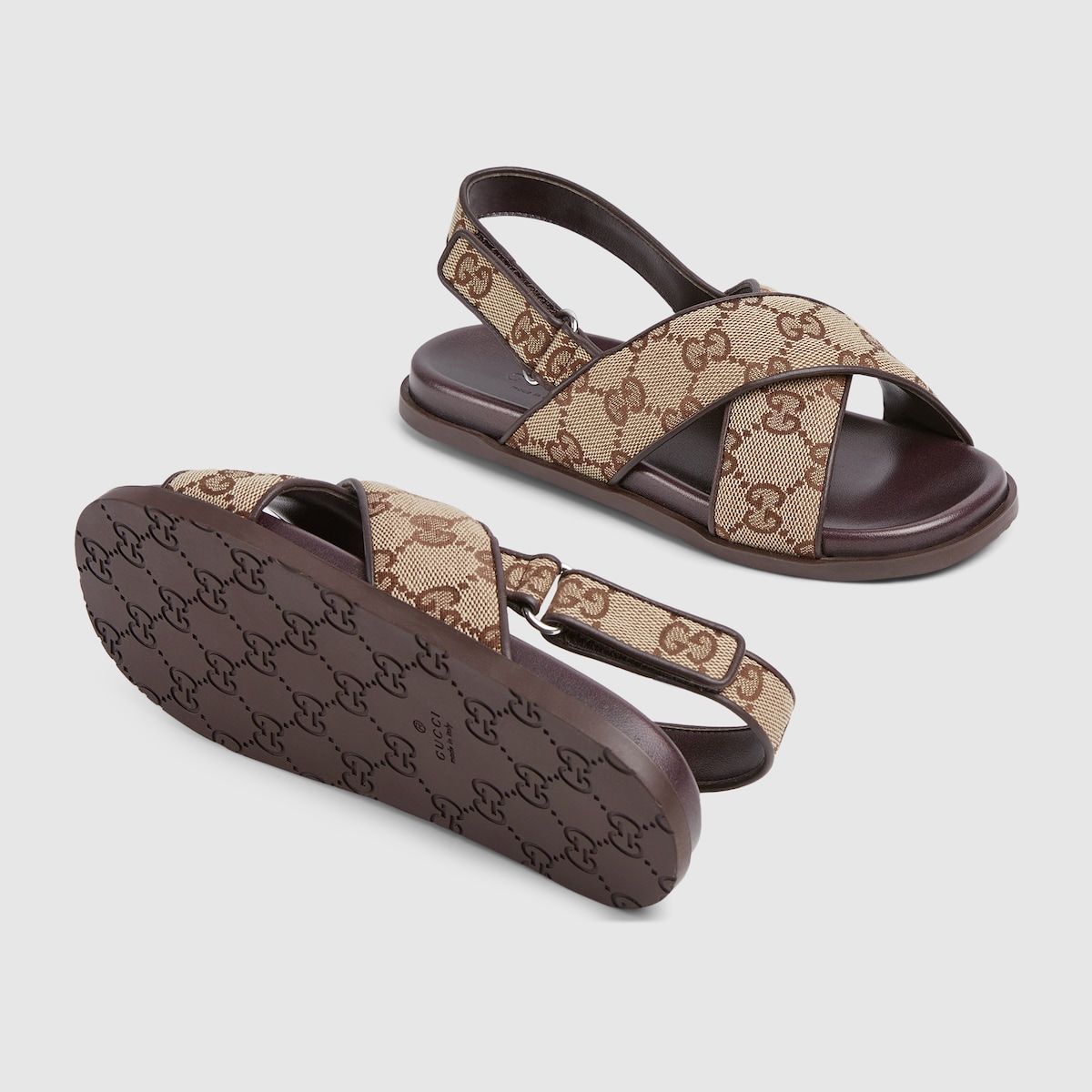 Children's GG sandal in beige and dark brown canvas