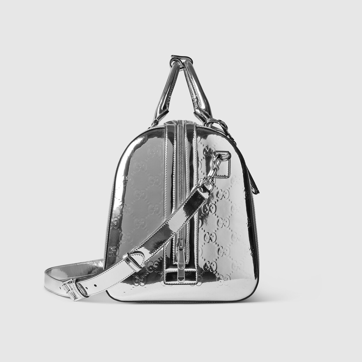 Medium Embossed Gg Duffle Bag In Metallic Silver Fabric 