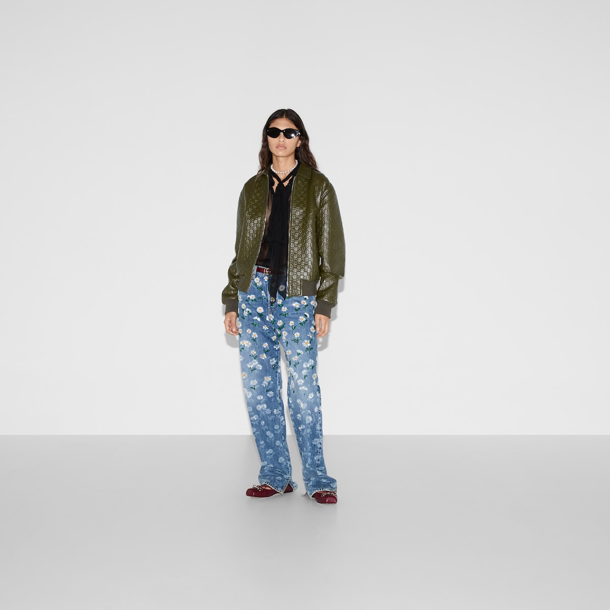 Embossed GG leather bomber jacket