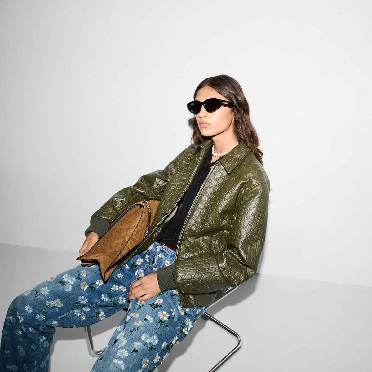 GG embossed leather bomber jacket in dark green | GUCCI® DK