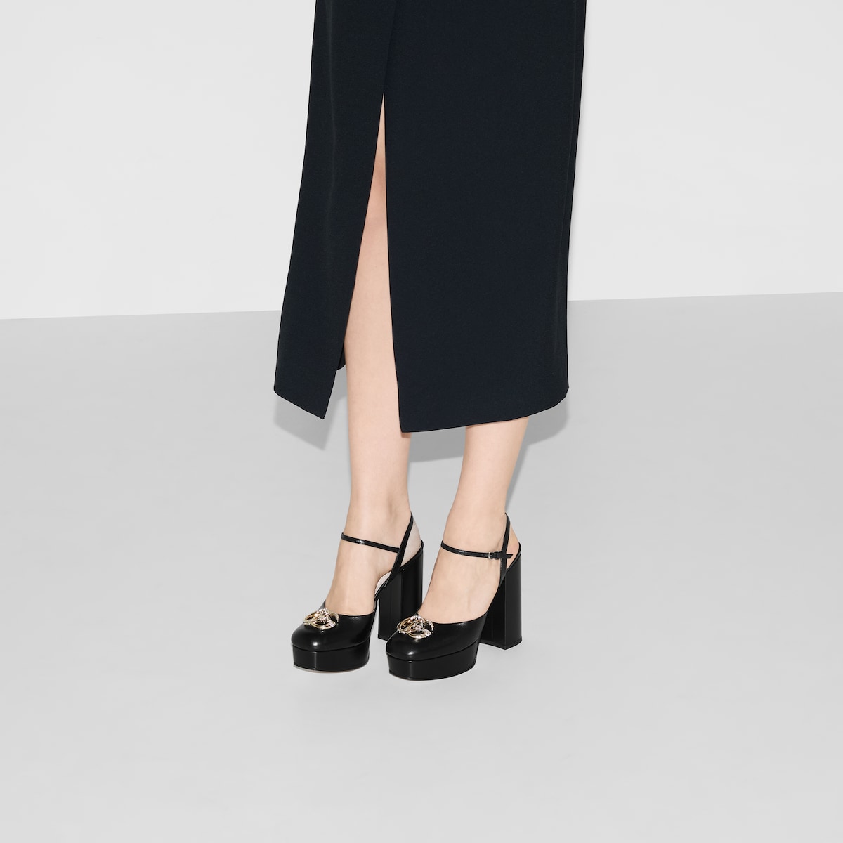 Women s platform pump with Double G in black leather GUCCI US