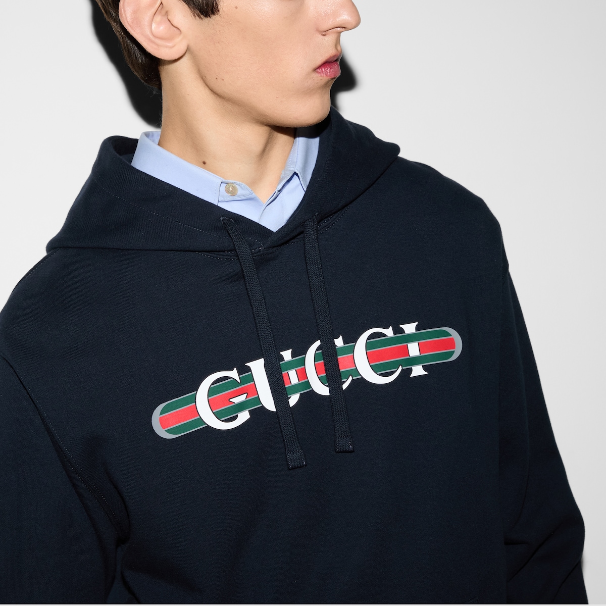 Printed cotton jersey hooded sweatshirt in navy | GUCCI® PT