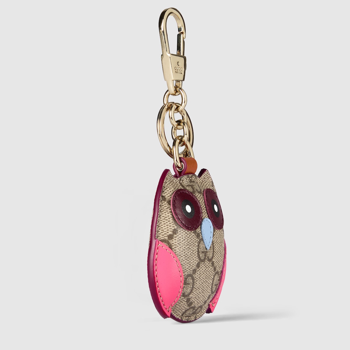 Owl-shaped bag charm in beige and dark brown canvas - thumbnail 3