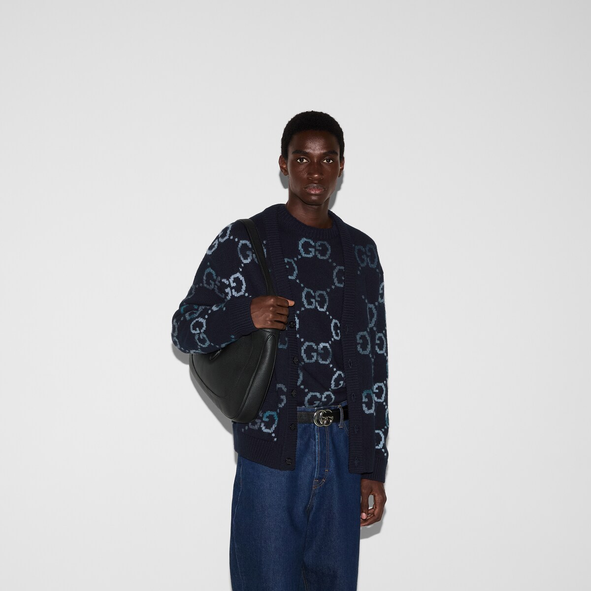 Wool sweater with GG intarsia in navy and blue ombré | GUCCI® US