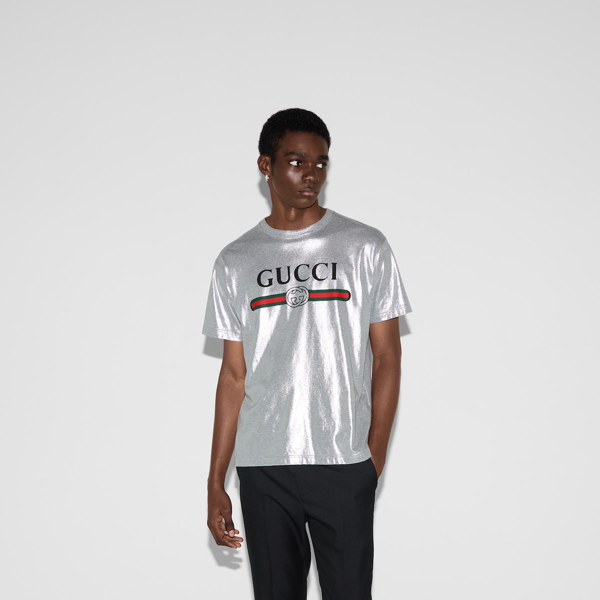 Printed cotton jersey T shirt in silver GUCCI Canada