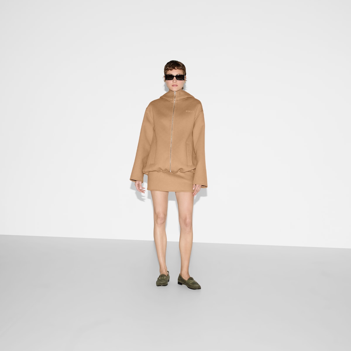 Embroidered wool and silk hooded jacket in camel and yellow