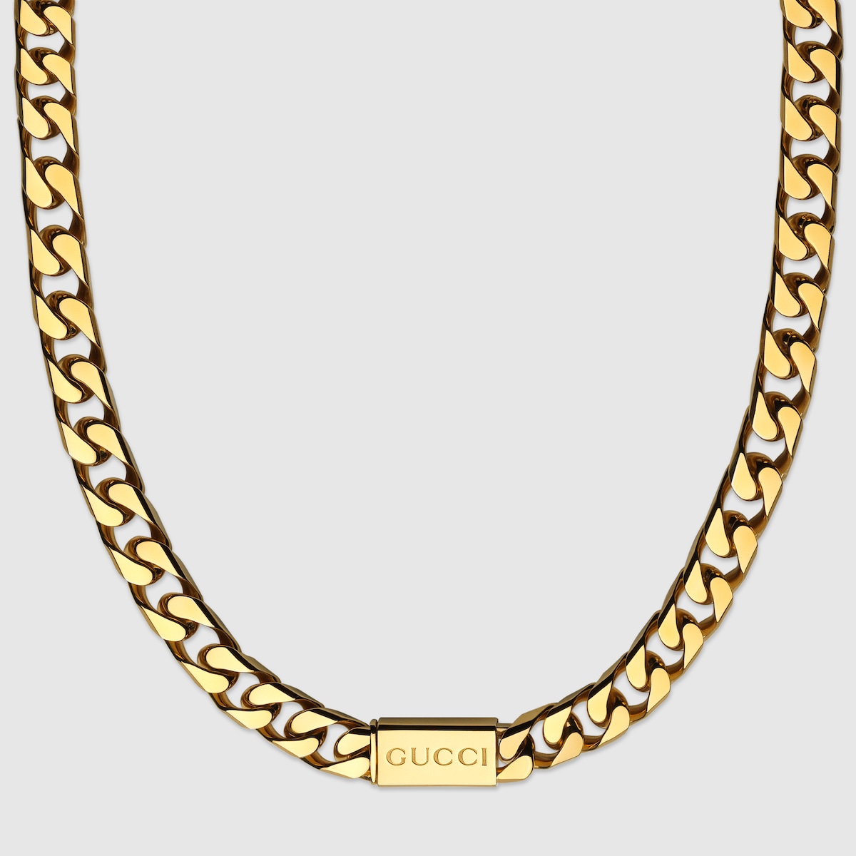 SA Chain necklace with Gucci script tag in yellow gold toned metal
