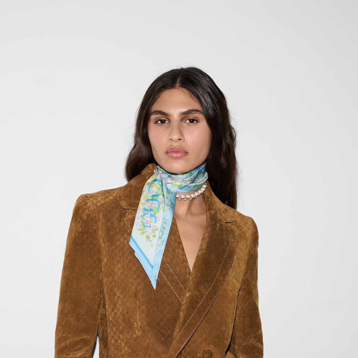 Gucci floral print silk neck bow in light blue | GUCCI® US