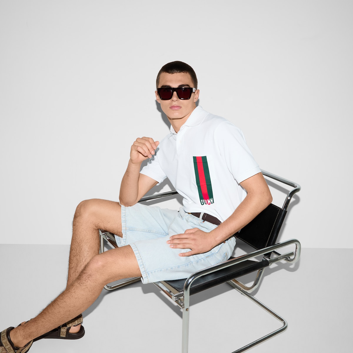 Cotton piquet polo shirt with print in white | GUCCI® US