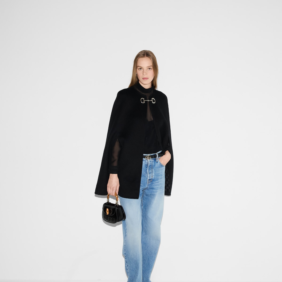 Wool and silk Horsebit cape in black and grey | GUCCI® US