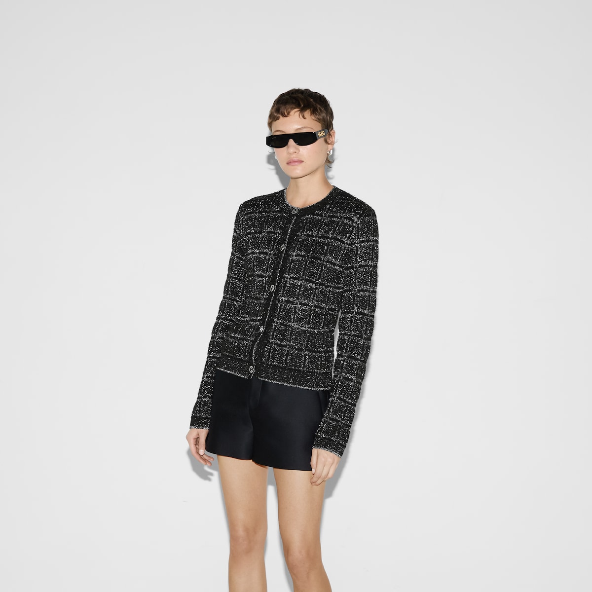 Wool and lamé check jacquard cardigan in black and silver