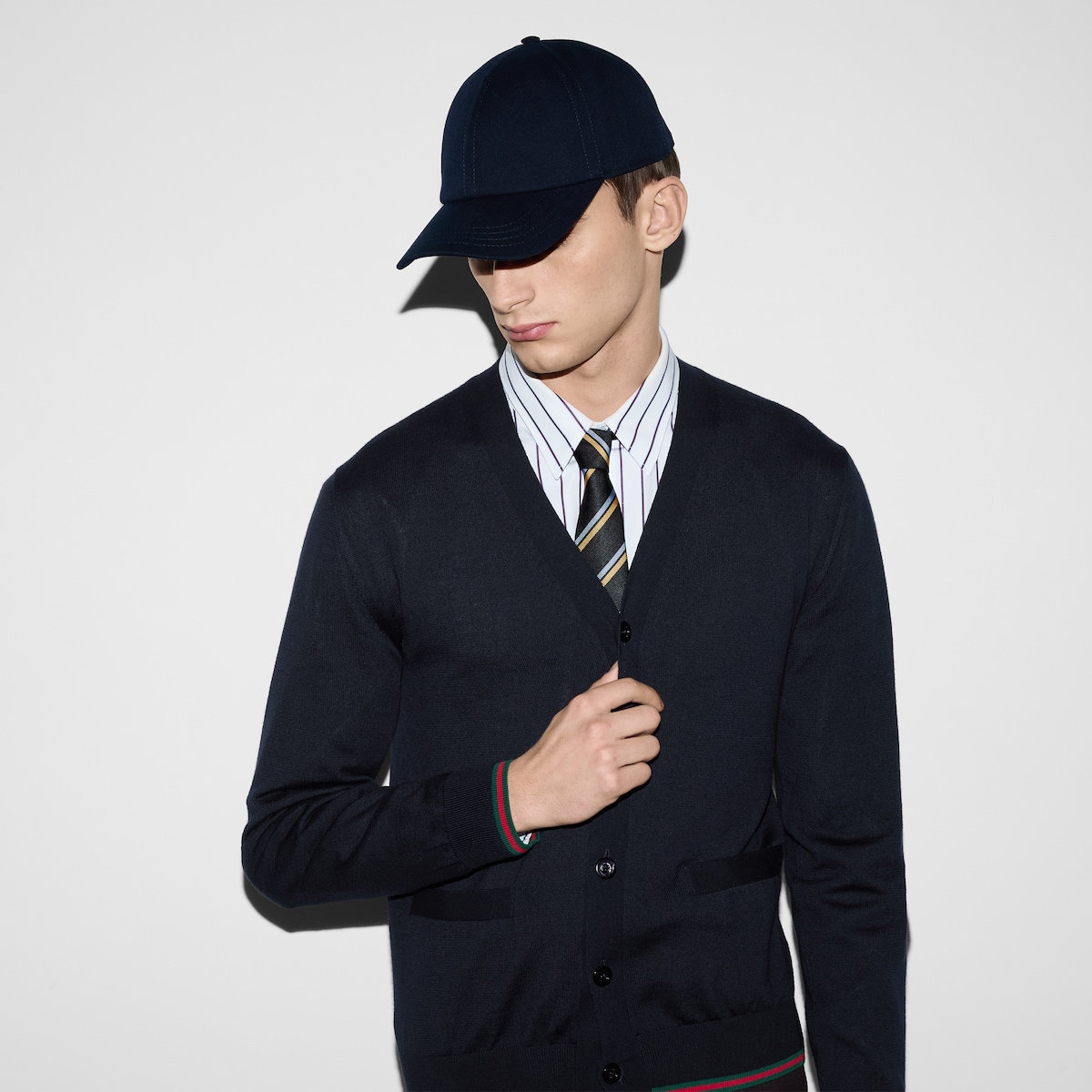 Wool knit cardigan with Web in dark blue | GUCCI® US