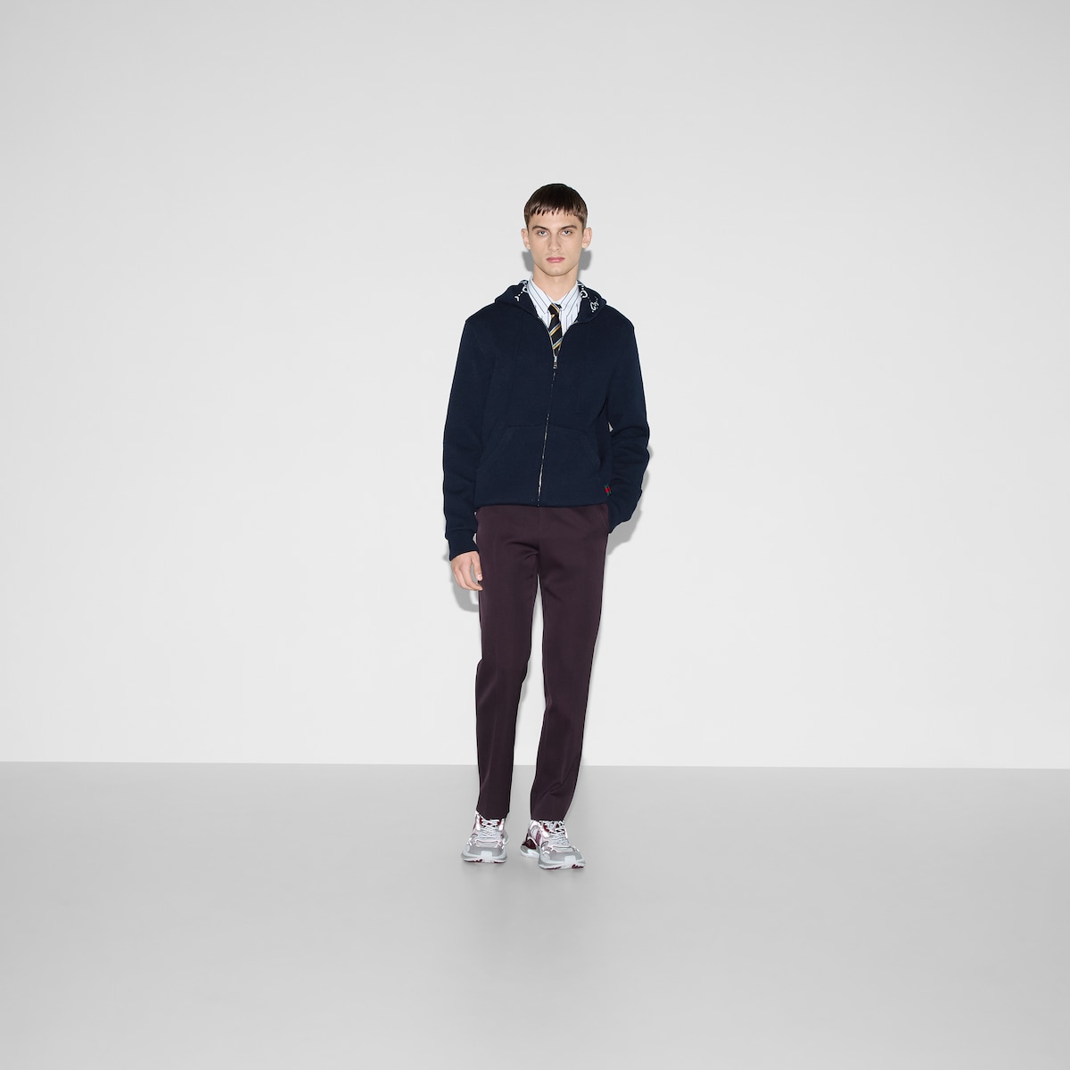 Reversible GG wool hooded zip jacket in dark blue | GUCCI® US