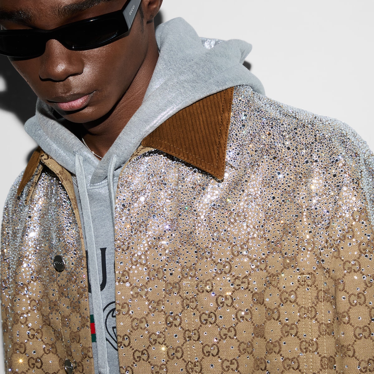Embossed GG canvas jacket with crystals in camel and dark