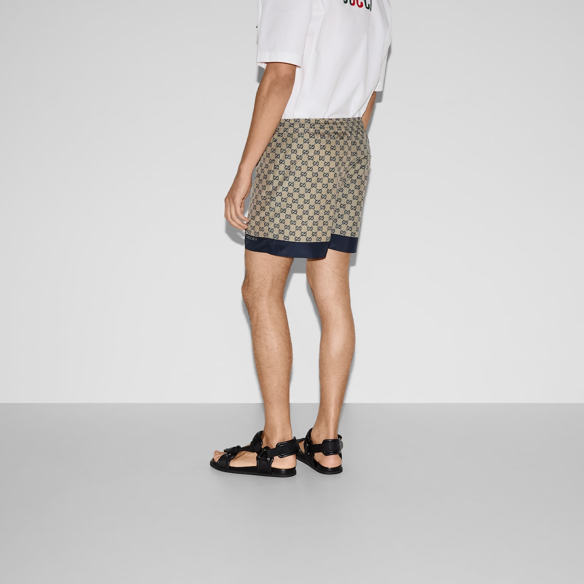 Printed poplin tech swim shorts in beige and black | GUCCI® US