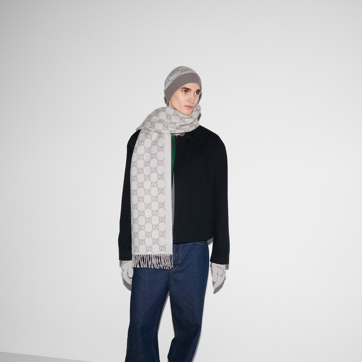 GG cashmere jacquard hat in ivory and light grey | GUCCI® US