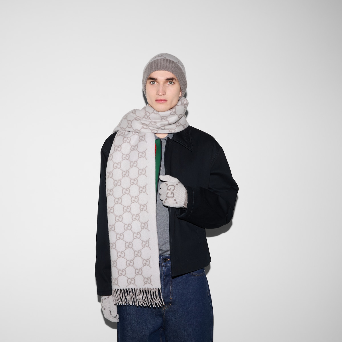 GG カシミアジャカード グローブ ・アイボリー&ライトグレー GG カシミアジャカード グローブ ・アイボリー&ライトグレー