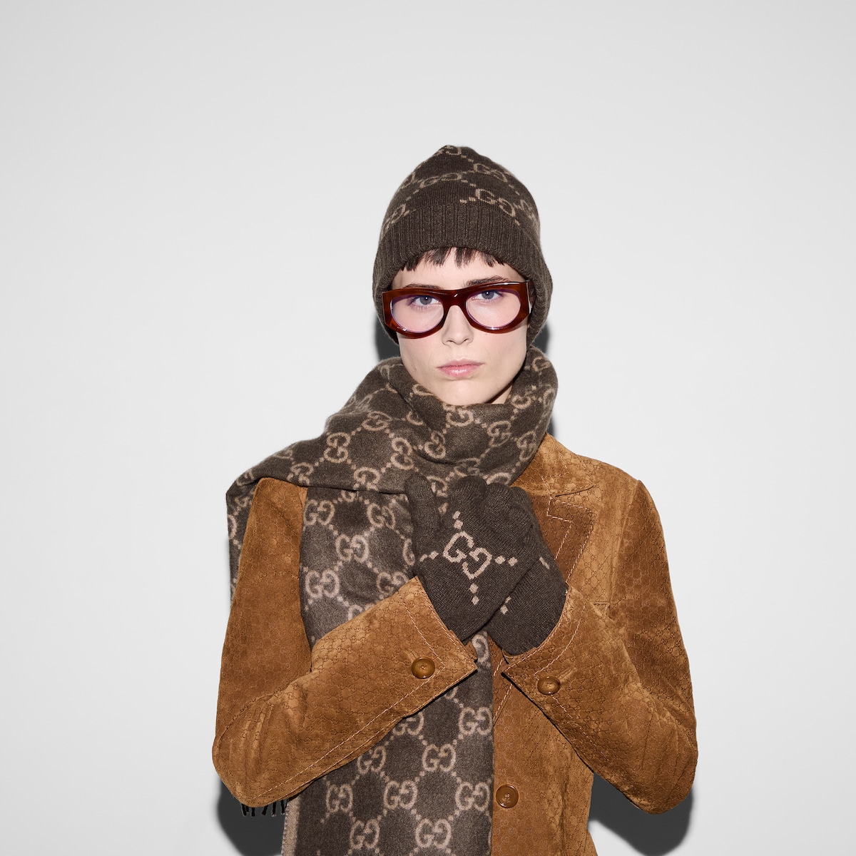 GG cashmere gloves in brown and beige - thumbnail 2