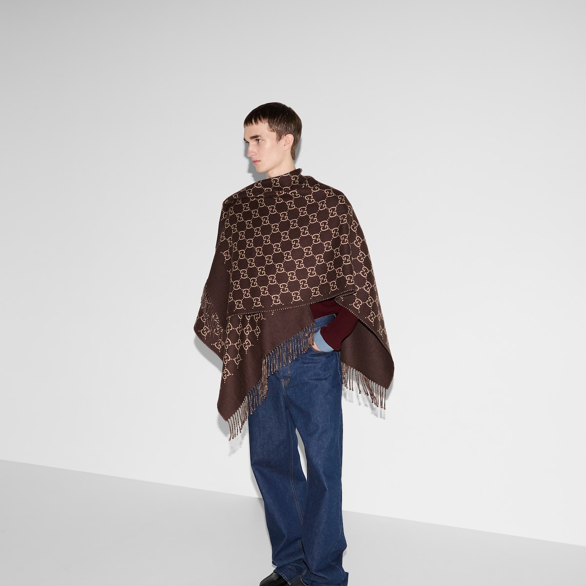 GG wool jacquard cape in brown and beige - thumbnail 2