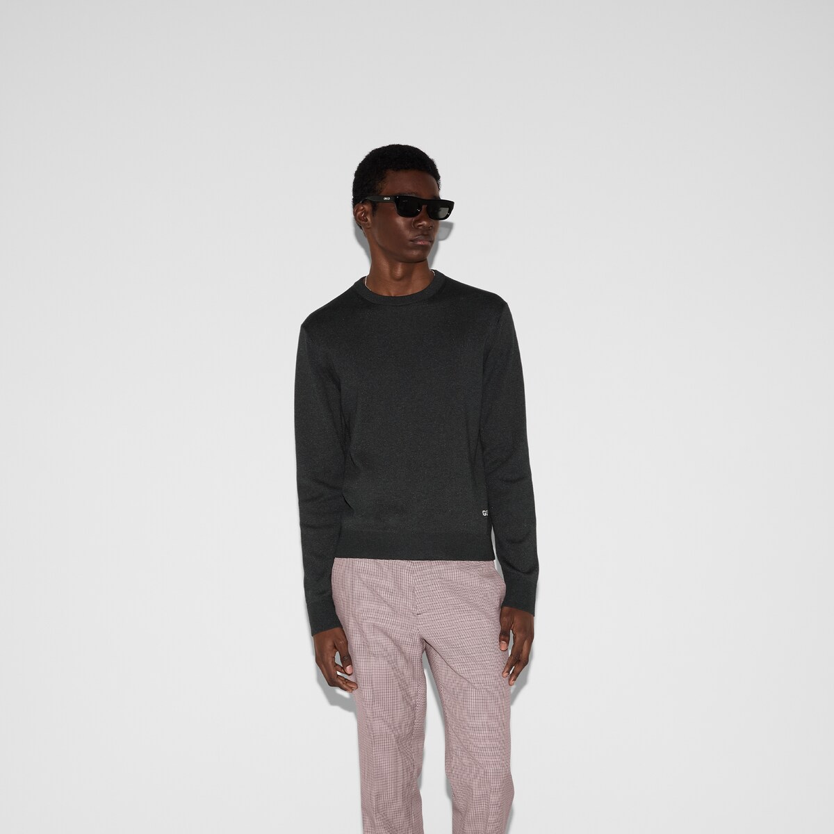 正規品❗️【GUCCI】ダークグレー ニット ジャンパー レザー ポケット　美品 GUCCI】グッチ『レザー切替 ジップアップジャケット size46