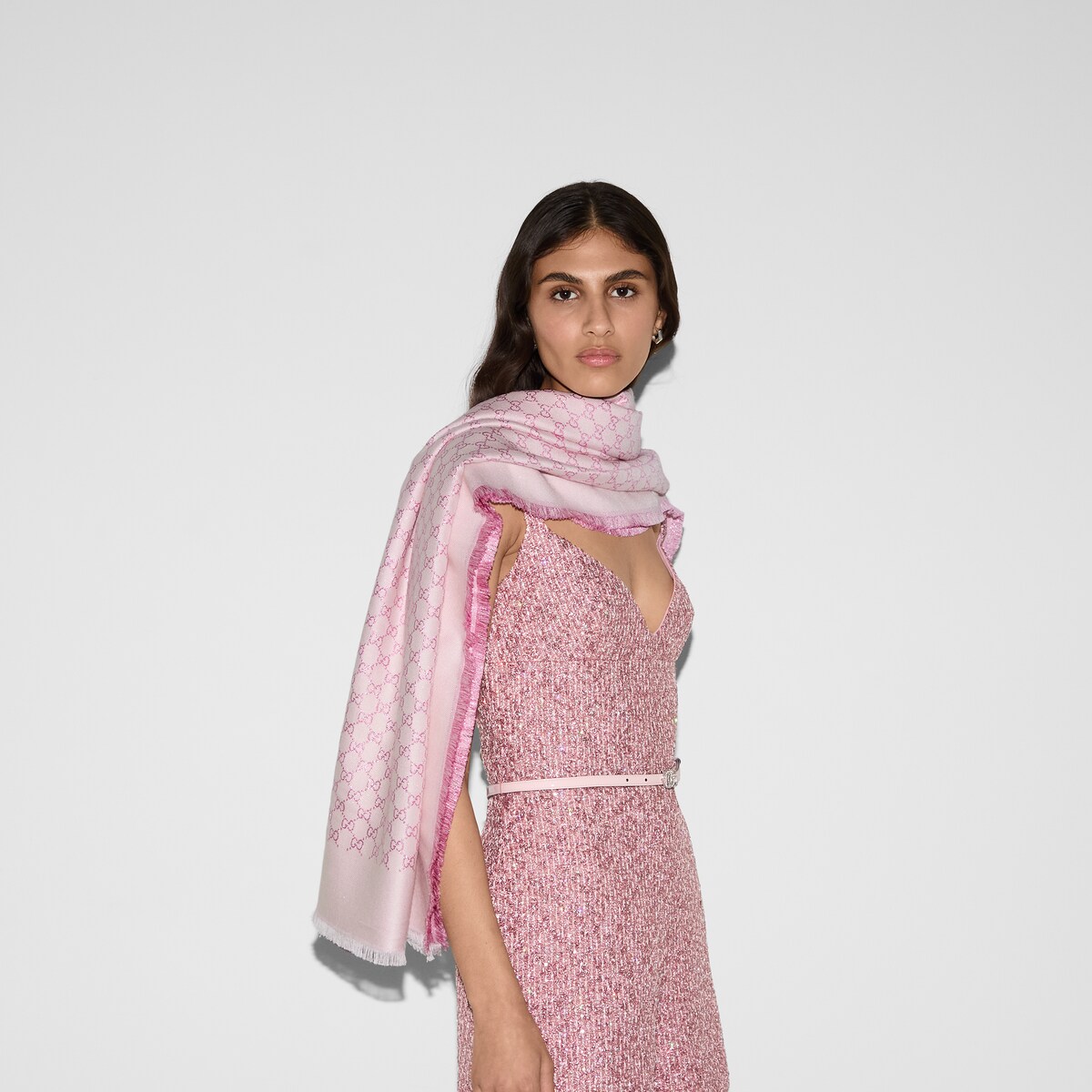 GG jacquard wool silk lamé shawl in white and pink | GUCCI® US