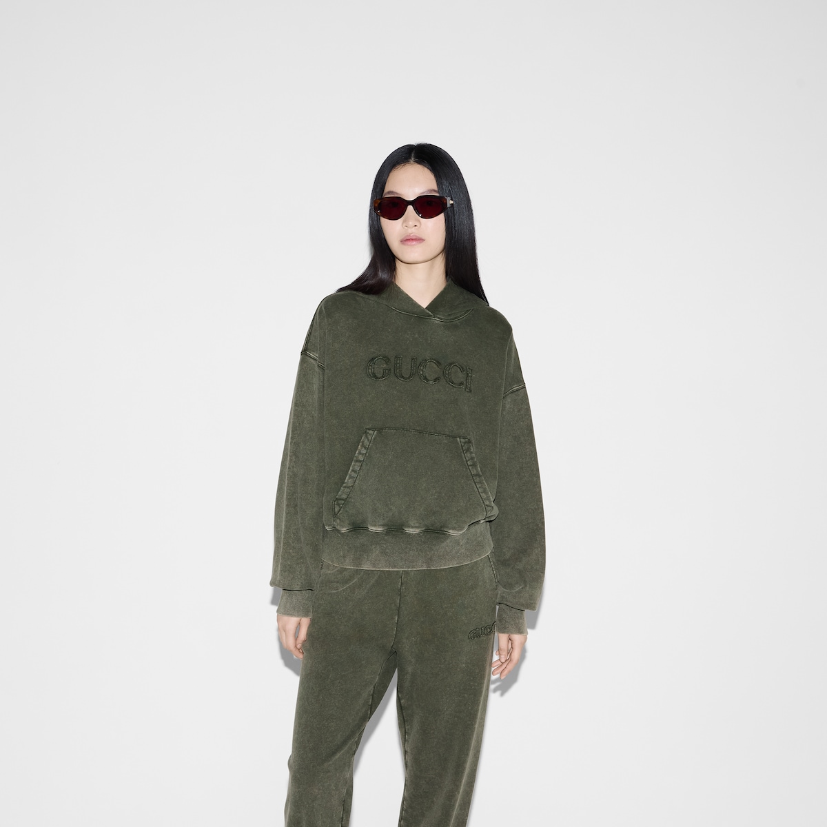 Embroidered cotton jersey hooded sweatshirt in dark green