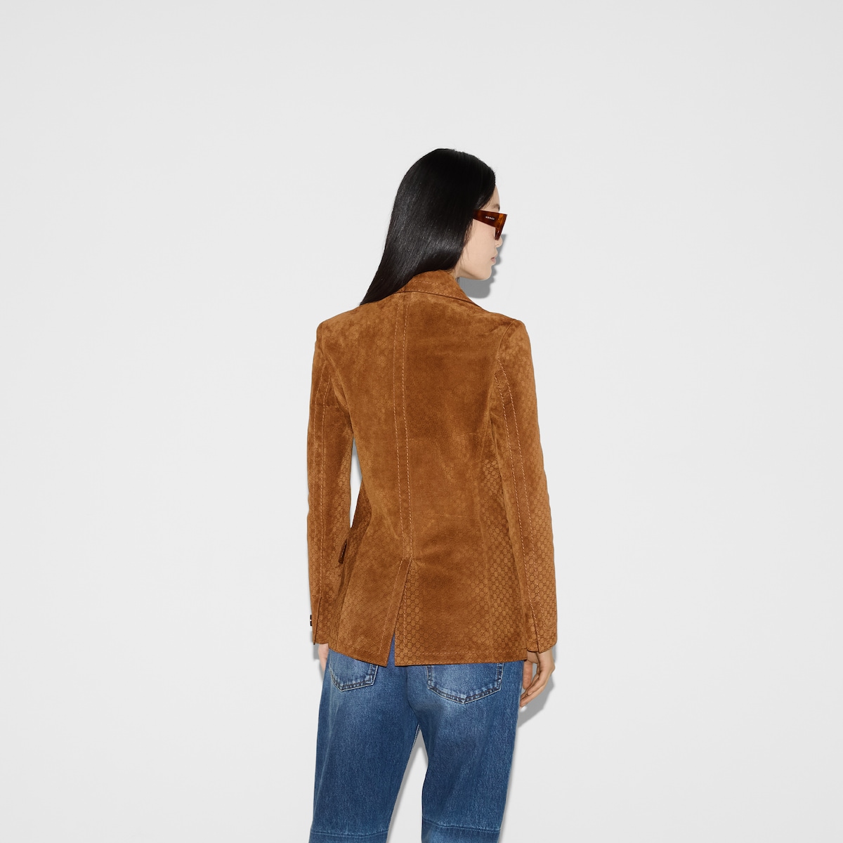 GG suede double-breasted jacket in brown | GUCCI® US