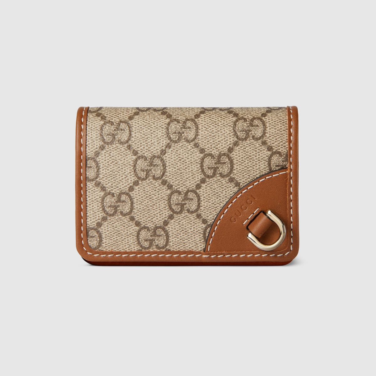 GG Emblem card case in beige and dark brown fabric | GUCCI® RO