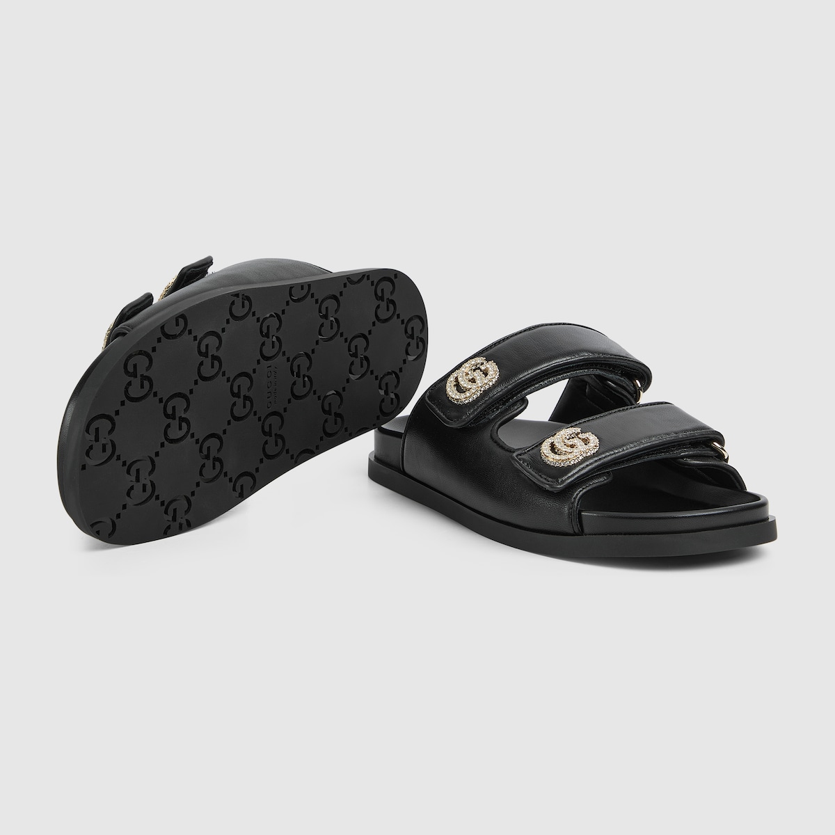 GUCCI｜SANDALS (816633 AAEKU 1000) Women's sandal with crystal Double G in black leather