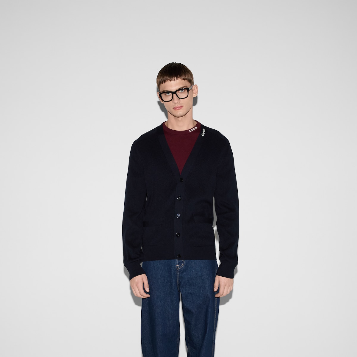インターシャ シルクコットン カーディガン ・ネイビー | GUCCI公式