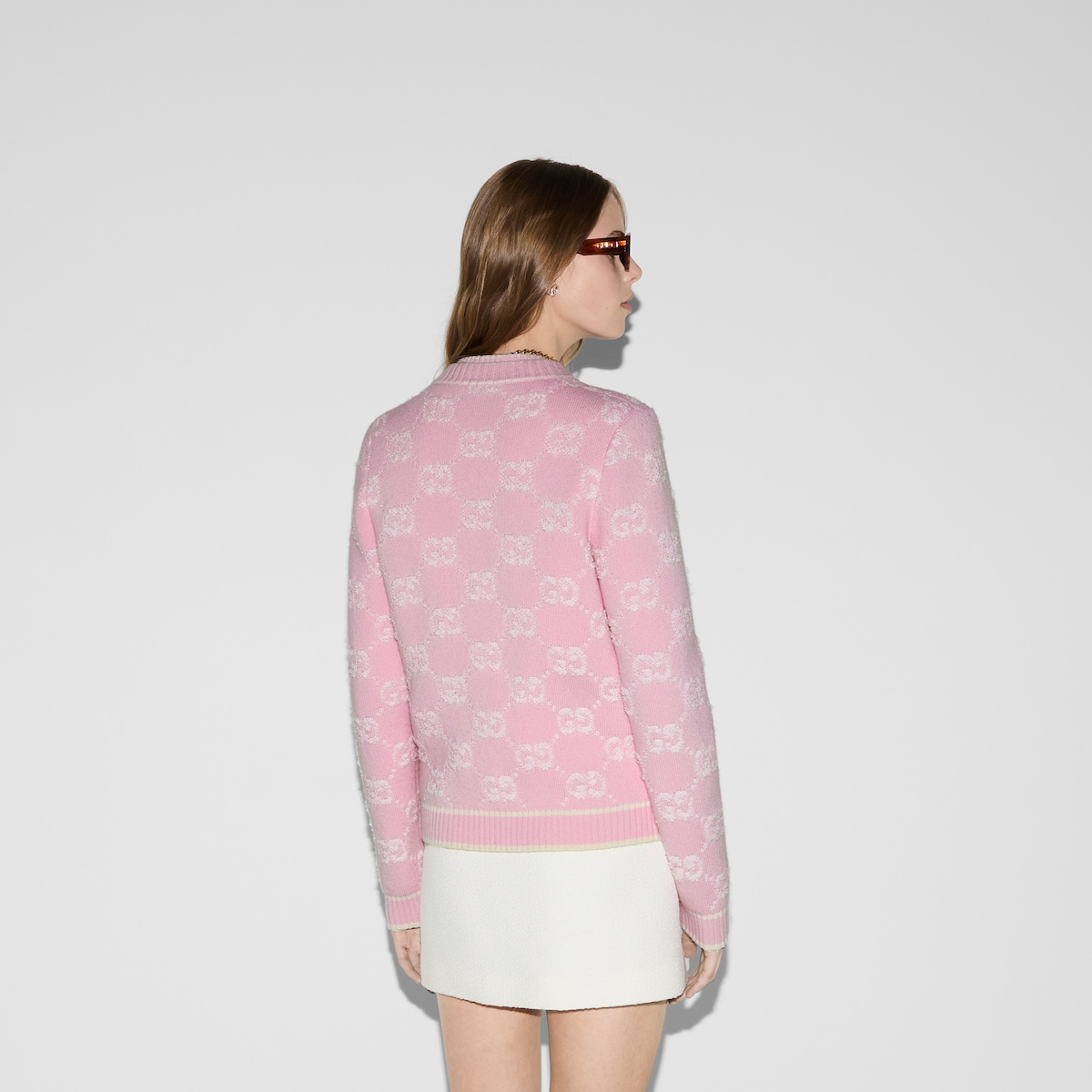 GG wool bouclé jacquard cardigan in light pink and white