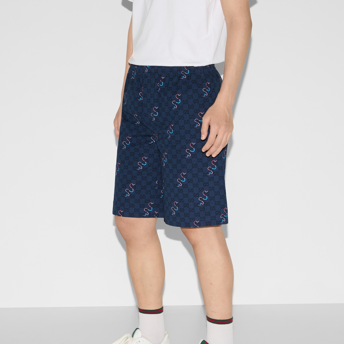 Printed cotton ripstop shorts in blue and Gucci Rosso Ancora red