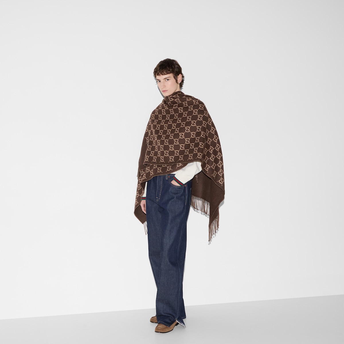 GG wool jacquard cape in brown and beige