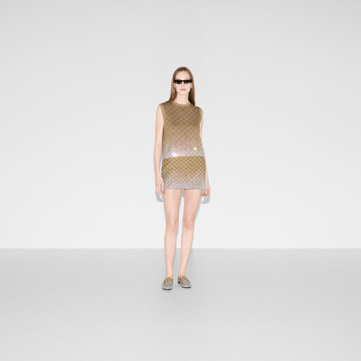 Embroidered GG canvas mini skirt in camel and brown | GUCCI® US