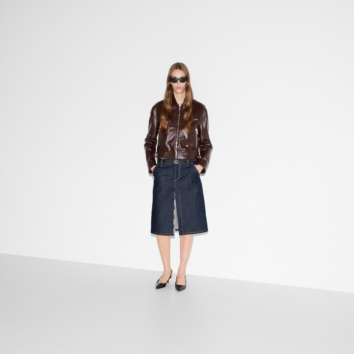 Mid-length denim skirt in dark blue | GUCCI® SI