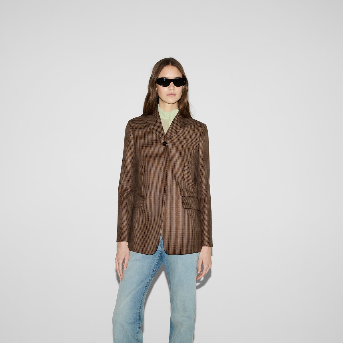 GUCCI - ⚫︎GUCCIグッチ茶系ハウンドトゥース柄ジャケット38 Houndstooth wool jacket with embroidery in beige and brown